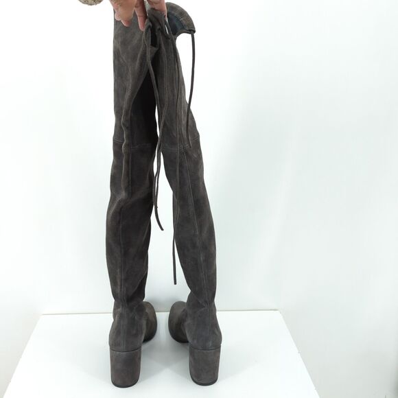 Stuart Weitzman Women 10 Tieland Boots Gray Suede OTK Almond Toe Block Heel Tie - Picture 6 of 9